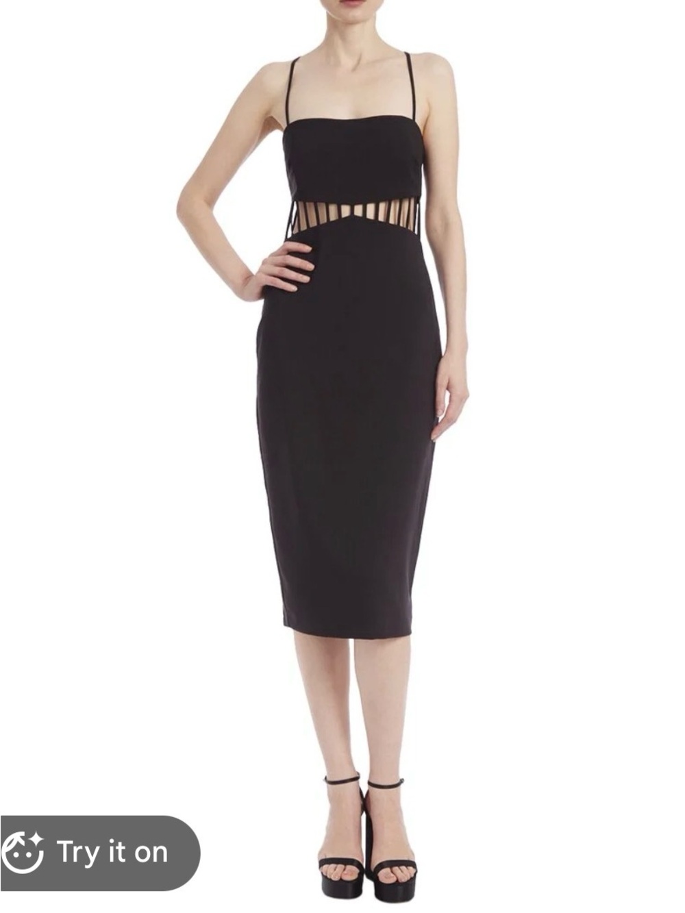 Badgley Mischka Black Strappy Midi Dress with Cutout Waist Detail